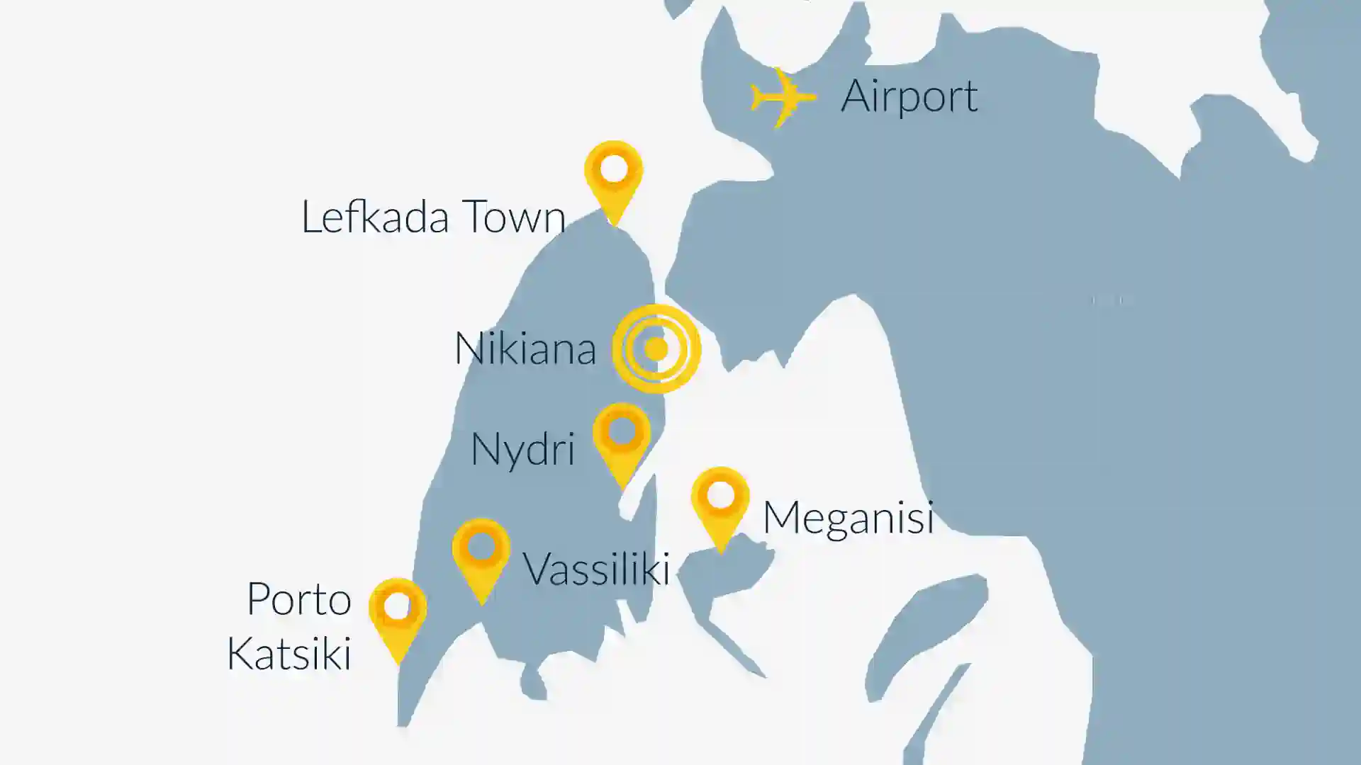 Map of Lefkas showing Nikiana, Lefkas town, Nidri, Vasiliki, Porto Katsiki, Meganisi and the airport
